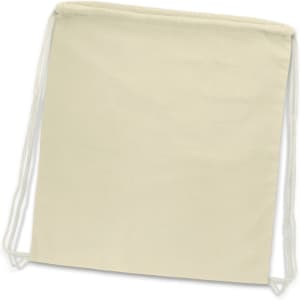 A natural beige cotton drawstring backpack with white drawstrings and a simplistic design.