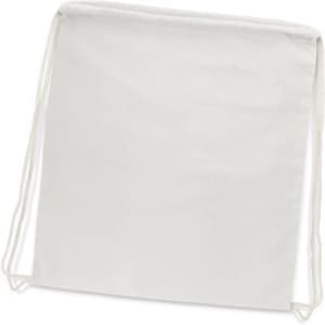 A cotton drawstring backpack in a light colour, featuring a simple design and a logo.