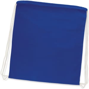 A blue cotton drawstring backpack with white straps. It features a simple design and has a logo.