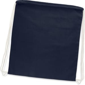 A navy cotton drawstring backpack with cream-coloured cords and no visible logos or branding.