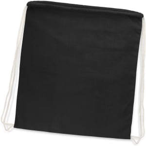 A black cotton drawstring backpack with white drawstrings and a simple design. It has a branding logo.