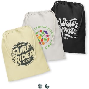 Three medium cotton gift bags in cream, white, and black, featuring various logos and designs.