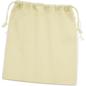 A medium cotton gift bag in a light cream colour, featuring a drawstring closure. It has a branding logo.