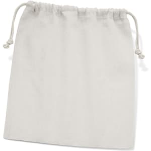 A medium cotton gift bag in a natural off-white colour with a drawstring closure. Features a logo.