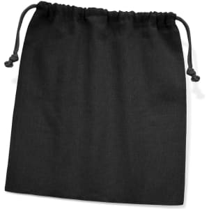 A medium black cotton gift bag with drawstring closure. The bag features a simple design and a logo.