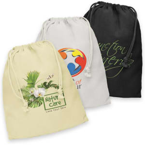 Three large cotton gift bags in cream, grey, and black, each featuring a unique logo or design.