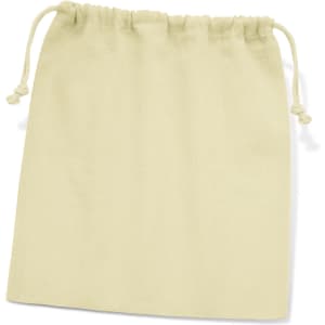 A large cotton gift bag in a light beige color, featuring a drawstring closure.