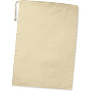A beige ham storage bag with a drawstring closure and a plain design. It features a logo.
