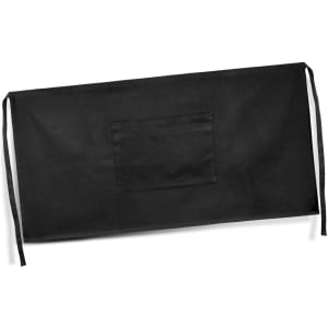 A black waist apron with a centre pocket and long ties for fastening. It features a logo on the fabric.
