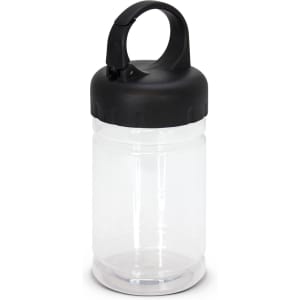 A clear drink bottle with a black lid and handle, featuring a logo on the front.