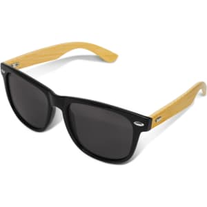 Malibu Premium Sunglasses with black frames and bamboo arms, featuring a sleek design and tinted lenses.