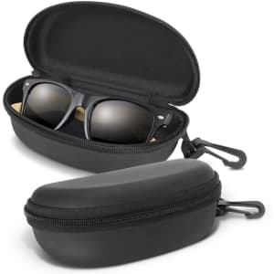 A black zippered case opens to reveal bamboo-framed sunglasses inside, showcasing dark lenses.