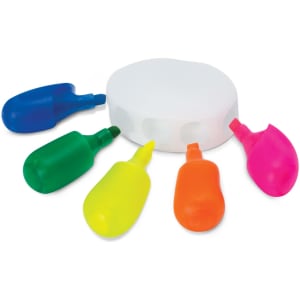 A set of five highlighters in vibrant colors—green, yellow, orange, pink, and blue—surrounding a circular white holder.