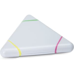 A triangular highlighter in white with green, pink, and yellow accents.