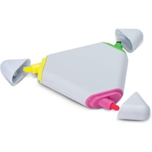 A triangular highlighter with pink, green, and yellow ends, featuring removable caps. It has a sleek grey body and a logo.