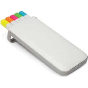 A highlighter set in a sleek white case featuring pink, orange, yellow, green, and blue highlighters.