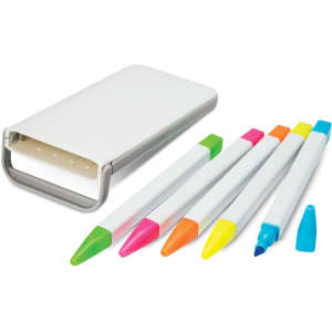 A highlighter set featuring five vibrant highlighters in green, pink, orange, yellow, and blue, stored in a white case with a logo.