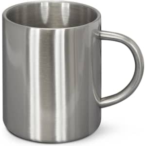 A stainless steel coffee mug with a sleek, brushed finish and a simple handle.