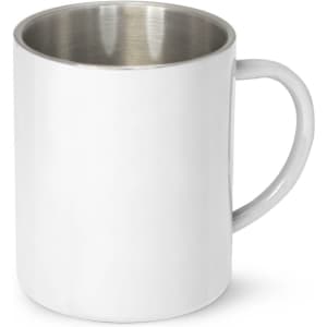 A coffee mug with a stainless steel interior and a glossy white exterior, featuring a handle and a branding logo.