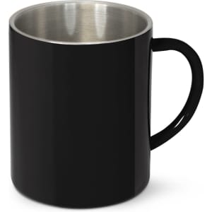 A coffee mug featuring a sleek black exterior with a stainless steel interior.