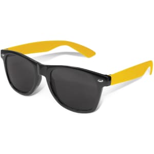 Malibu Premium Sunglasses featuring a black frame and yellow arms, complete with dark lenses and a logo.