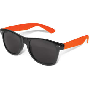 Malibu Premium Sunglasses featuring a black frame with orange accents and dark lenses.