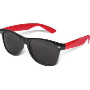 Malibu Premium Sunglasses featuring a black frame and red arms with dark lenses.