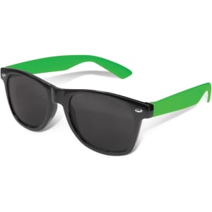 Malibu Premium Sunglasses featuring a black frame and vibrant green arms, designed for leisure and outdoor activities.