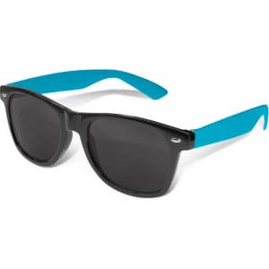 Malibu Premium Sunglasses featuring a black frame with vibrant blue arms and dark lenses.