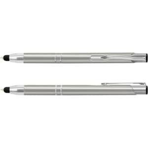 A metal stylus pen in silver and black, featuring a sleek design and a clip, along with a logo.