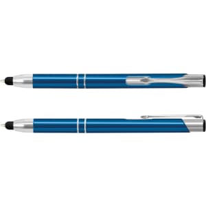 A blue metal stylus pen with a silver clip and accents, featuring a rubber tip on one end.