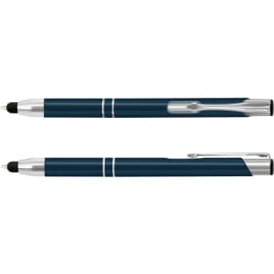A metal stylus pen in a dark blue finish, featuring silver accents and a clip, with a logo.