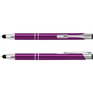 A purple metal stylus pen with silver accents, featuring a clip and a dual-function design for writing and touchscreen use.