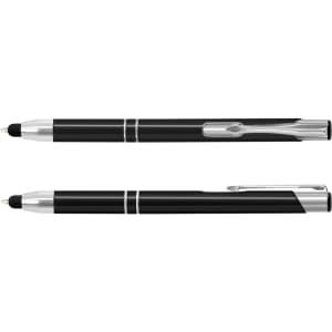 A black metal stylus pen featuring silver accents and a clip, displaying both ends of the pen.