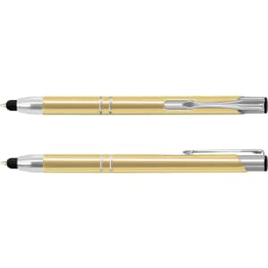 A gold metal stylus pen featuring a sleek design and a chrome clip. It has a logo on its body.
