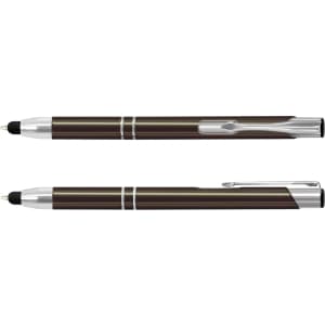 A metal stylus pen in dark brown with silver accents, featuring a clip and a rubber tip for touchscreen use.