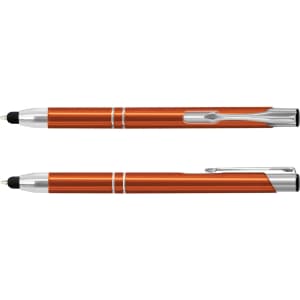 An orange metal stylus pen with silver accents, featuring a clip and a rubber tip for touchscreens.