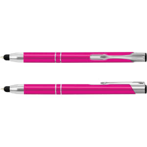 A pink metal stylus pen with silver accents, featuring a clip and dual functionality as a pen and stylus.