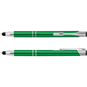 A green metal stylus pen with silver accents, featuring a clip and dual-writing tips.