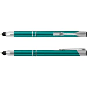 A teal metal stylus pen with a silver clip and tip, displayed from two angles. It features a logo on the barrel.