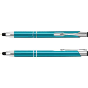 A teal metal stylus pen features a sleek design with silver accents and a clip for easy carrying.