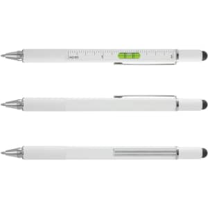 A multi-function pen featuring a ruler, level, and stylus. The pen has a sleek metal design and is available in white.