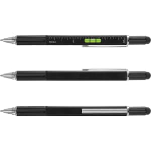 A multi-function pen in black, featuring a ruler and spirit level, with chrome accents and a branding logo.