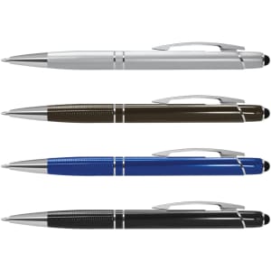 A collection of four stylus pens in silver, green, blue, and black with metallic accents and clip designs.