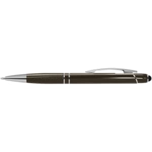 A sleek dark green stylus pen with a silver clip and detailing, featuring a modern design and a logo.