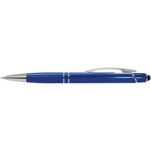 A blue stylus pen with a silver clip and a smooth finish, featuring a logo on its body.