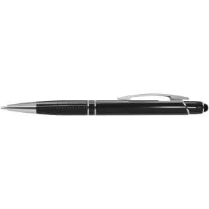 A sleek black stylus pen featuring a chrome clip and accents, designed for smooth writing and screen navigation.