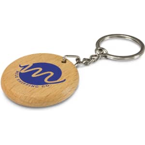 A round wooden key ring featuring a silver chain and a logo, presented in natural wood colour.
