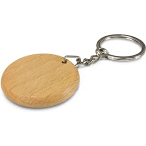 A round wooden key ring with a silver metal chain and keyring attachment.