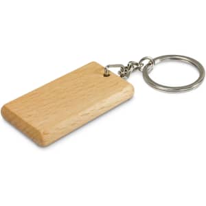 A wooden rectangular key ring with a metal keychain attachment, featuring a natural timber finish.